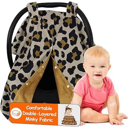 Dear Baby Gear Car Seat Cover for Boys & Girls - Baby Carseat Canopy w/Snap Opening - Infant Seat Cover - Stroller & Nursing Covers - Newborn Carrier Canopy - 40x30" (Gold Leopard Print, Smooth Gold)