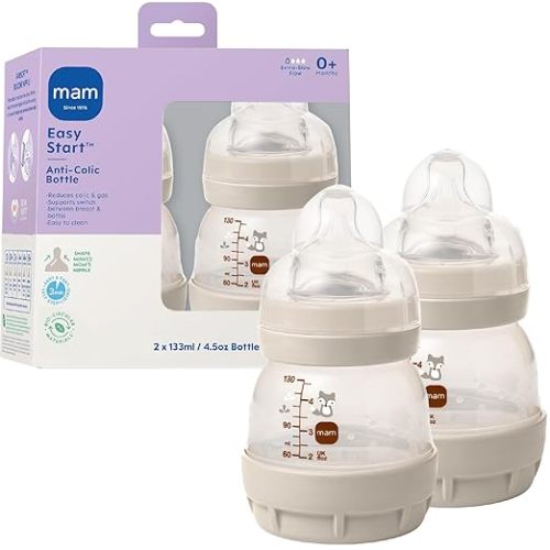 MAM Easy Start Anti-Colic Baby Bottles, Extra Slow Flow, Breastfeeding-Like Silicone Nipple Bottle, Reduces Colic, Gas, & Reflux, Easy-to-Clean, BPA-Free, Vented Baby Bottles for Newborns, 0-3 Months