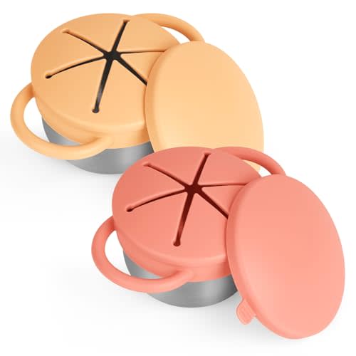 Daximo 2 Pack Snack Cups for Toddlers Spill Proof - Detachable Stainless Steel Toddler Snack Cups with Silicone Lids & Handles - Dishwasher Safe Baby Snack Containers (Orange and Yellow)