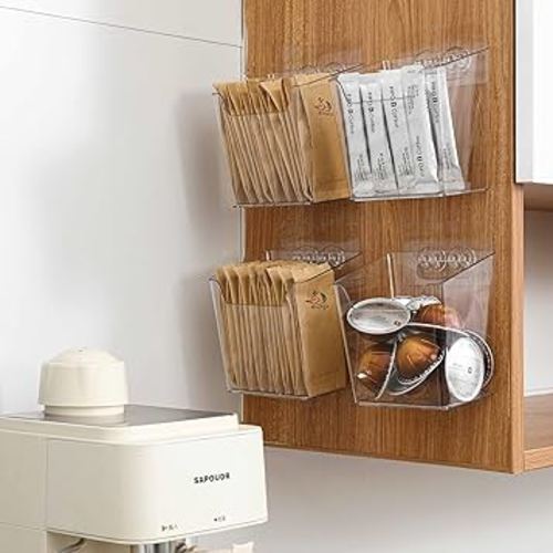 Clear Acrylic Pen Holder, 4 Pack Cabinet Door Organizer Adhesive, Bathroom Wall Mount Caddy Kitchen Plastic Storage Bin Box for Office Marker,Art Supply, Small Cleaning Supply, Seasoning Drink Packet