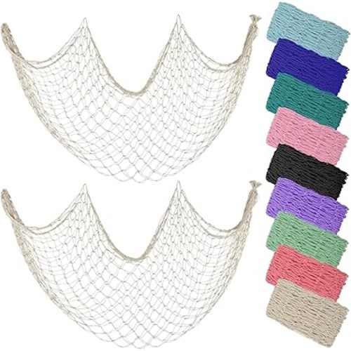 ZUEXT Beige Decorative Fishing Net 80x40 Inch, 2 Pack Large Picture Fish Net, Wall Photo Hanging Fishnet for Nautical Mermaid Pirate Ocean Themed Hawaii Beach Under the Sea Party Decorations