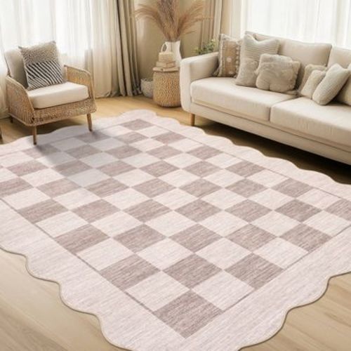 coucheta Washable Scalloped Rug, Modern Checkered Rug with Non Slip TPR Backing, Scalloped Checkered Carpet, Soft Washable Non Shedding Carpets