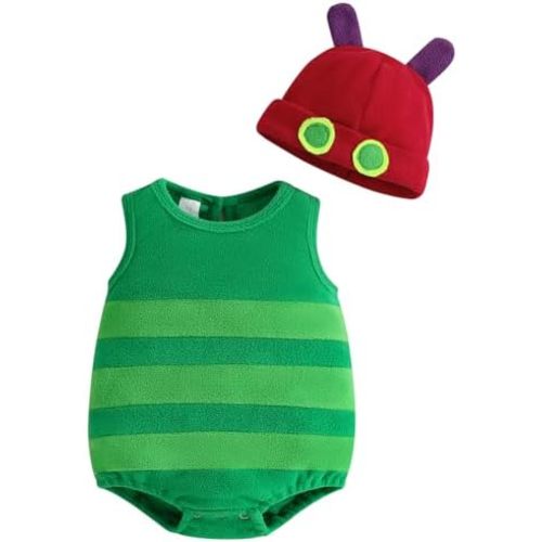 Pudcoco Infant Baby Boys Girls Halloween Hungry Caterpillar Costume Sleeveless Striped Fleece Bodysuit and Hat Outfit Set