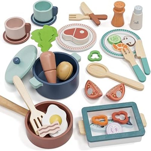 Lehoo Castle Wooden Play Kitchen Accessories, Play Pots and Pans Sets for Kids, Play Food Sets for Kids Kitchen, CookingToys Play Dishes for Toddlers 3-5 Girls