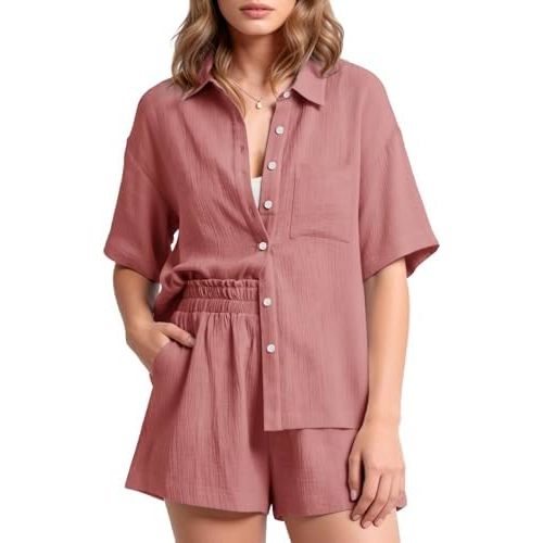 Flygo Women Casual 2 Piece Outfits Cotton Pajama Sets Loungewear Loose Button Down Shirt Shorts Gauze Set Beachwear