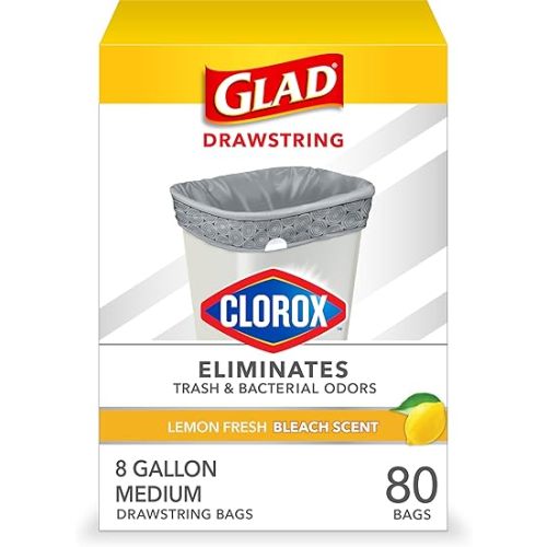 Glad Medium Trash Bags, 8 Gallon, Lemon Fresh Bleach Garbage Bags, Resists Bacterial Odors with Drawstring, 80 Count