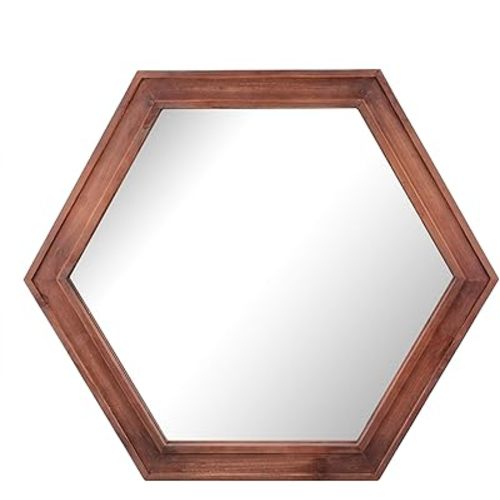Stonebriar Decorative 24" Hexagon Wall Mirror with Redwood Frame and Attached Hanging Bracket, Decorative Country Rustic Decor for The Living Room, Bedroom, Bathroom, Hallway, and Entryway