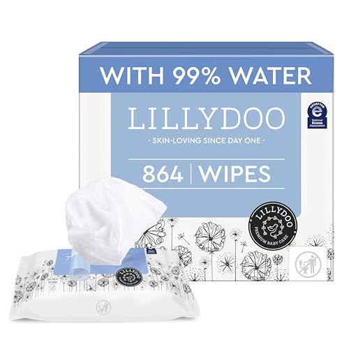 LILLYDOO Baby Wipes with 99% Water – Unscented, Hypoallergenic, Plant-Based, Strong & Plastic-Free, Compostable, 12 resealable Packs x 72 (864 Wipes Total)