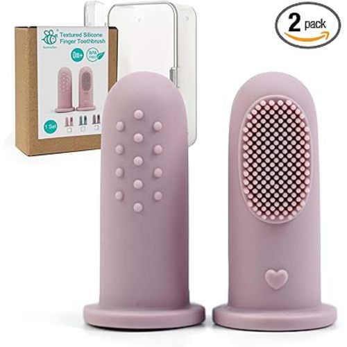 BumbleBee Silicone Baby Finger Toothbrush, Oral Cleaning & Teething Brush for Infants & Toddlers, 0 Months+, 2 Count with Travel Storage Case - Purple