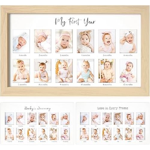My First Year Photo Frame, 12 Months Baby Picture Frame for Newborn Girl,Boy - Baby Shower Gifts Keepsakes,Monthly Baby's One Year Birthday Milestone,1st Nursery Photo Collage Display Board (Ash Wood)