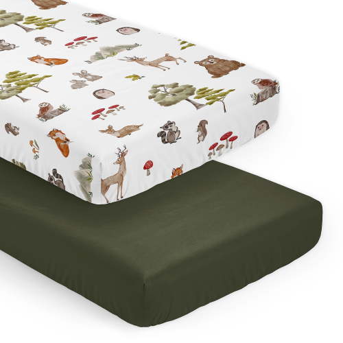 Sweet Jojo Designs Watercolor Woodland Forest Animals Green Brown White Fitted Crib Sheets 2 Piece Set