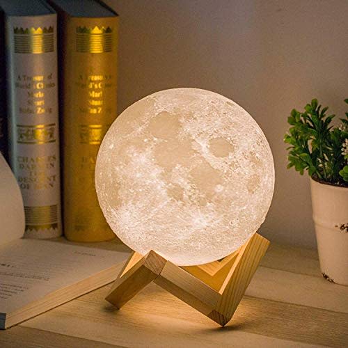 Mydethun 3D Moon Lamp, 5.9' Night Light with Wooden Base, Touch-Dimmable & Rechargeable, Dual-Color White/Warm Yellow — Gift for Mom, Bedroom/Home Décor