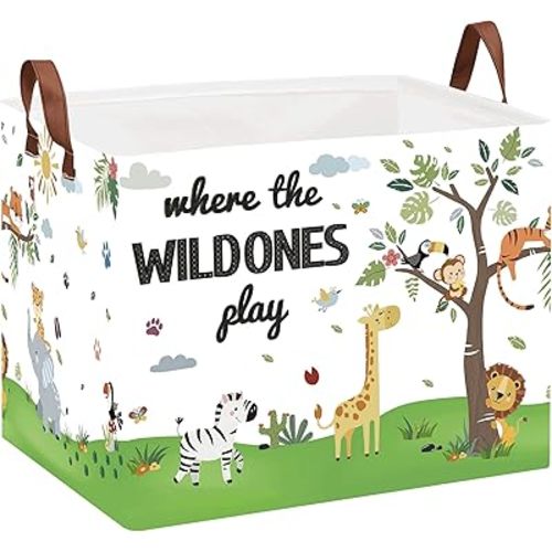 Jungle Safari Nursery Decor Basket -Elephant Giraffe Baby Boy Laundry Basket, Tropicals Laundry Hamper, Kids Toy Box Bin for Bedroom Bathroom Livingroom