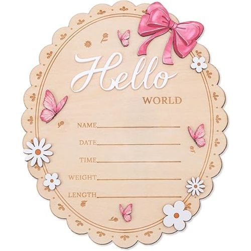 Hello World Wooden Baby Birth Announcement Sign, Pink Bow, Butterfly and Floral Design, 6.5 Inch (oval)