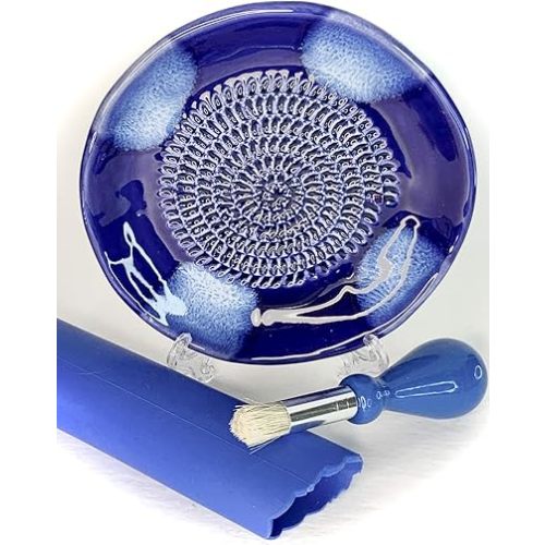 All-in-one Premium Ceramic Garlic Grater Plate 4-Piece Set - Blue Cross Glazed Design and Style - For Garlic, Ginger, Chocolate, and more! - Comes with 5.25" Plate, Peeler, Brush, and Stand