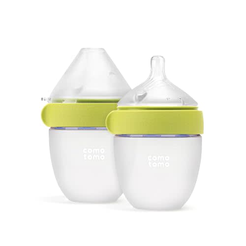 Comotomo Silicone Baby Bottle Gen 2, 5 oz Newborn Slow Flow, Green, 2 Pack | True Slow Flow Nipple for 0 to 3 Months, Dual Anti-Colic Vents, Soft Wide-Neck Silicone for Breast to Bottle Transition