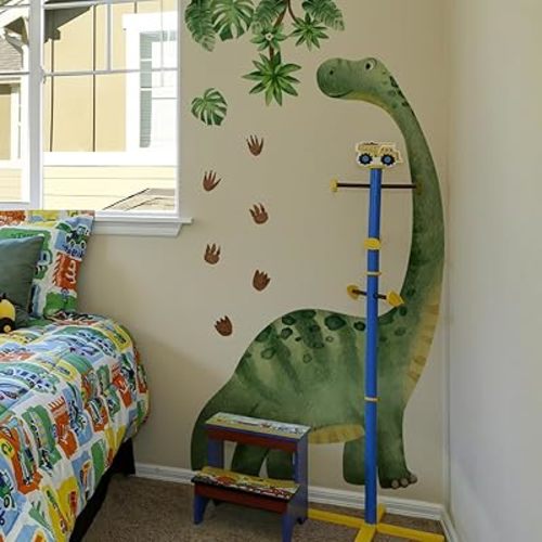Large Watercolor Dinosaur Wall Decals, Peel and Stick Dino with Tropical Leaves, 54.7x69.2 Inch Removable Nursery Decor for Kids Room, Jungle Theme Wall Stickers (Green)