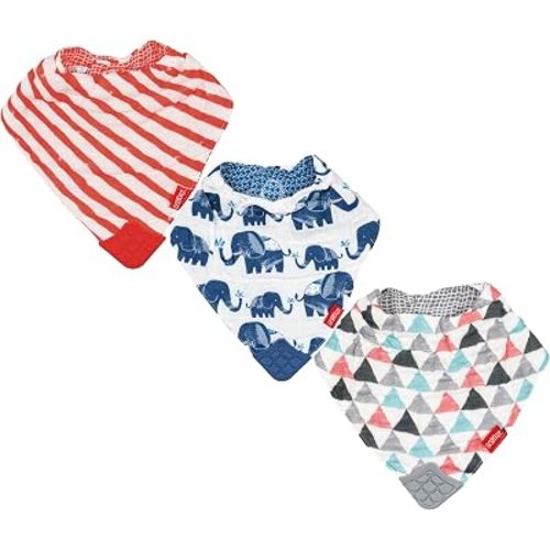 Nuby Reversible 100% Natural Cotton Muslin 3 Piece Teething Bib, Grey/Red/Blue, Arrows/Red Stripes/Elephants