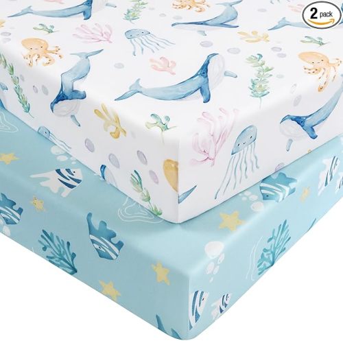 Nyessmee Baby Crib Sheets for Boys and Girls, Fitted Crib Sheets 52" x 28", Soft Breathable Microfiber Sheets for Standard Crib and Toddler Mattress, 2-Pack Blue Ocean