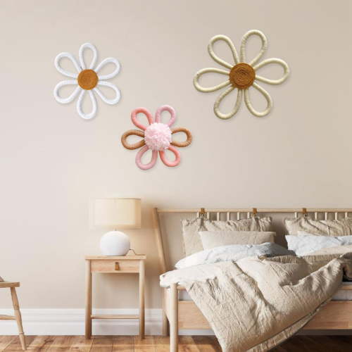Boho Nursery Decor for Girl Daisy Flower Woven Macrame Wall Hanging Bohemian Nursery Home Wall Decor Flowers for Baby Girls Kids Bedroom Dorm Decor, Set of 3