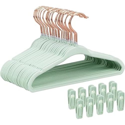 Baby Velvet Hangers 30 Pack - 11 Inch Premium Non Slip Kids Felt Hanger for Infant Clothes - Ultra Thin Baby Felt Hangers for Toddler Children's Closet with 10 Hanger Clips - Green