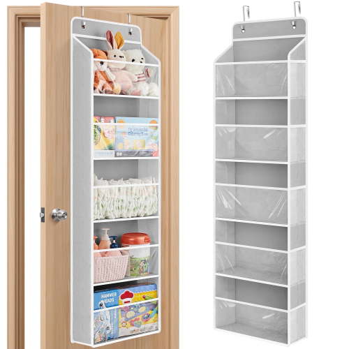 JARLINK Toy Stuffed Animal Storage, Over The Door Organizer W/Clear View Windows, 44lb Load, Baby Toy Storage Organizer for Nursery, Kid Bedroom, Newborn Baby Essentials (Gray)