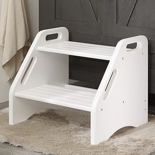 AMBIRD Wooden Two Step Stools Toddler with Safety Non-Slip Pads and Handles, Bamboo Step Stool for Bathroom, Bedroom, Kitchen Dual Height Step Stools for Kids (White)