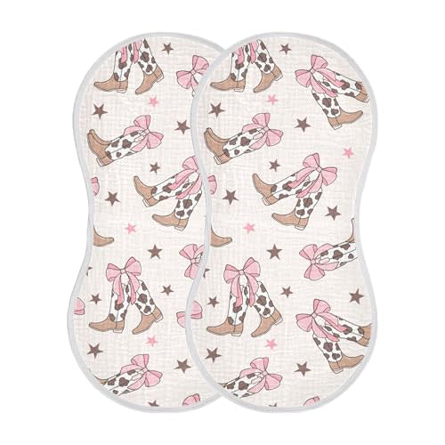 Mazeann Bows Cowgirl Boots Western Burp Cloths Baby Boys Girls Absorbent Soft Cotton Burping Cloths Rags, 2 Pack