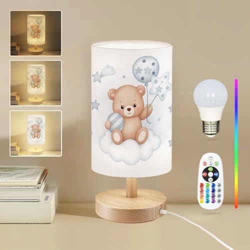 Round Table Lamp for Bedroom Watercolor Teddy Bear Balloons Cloud Stars Beside Lamps Desk lamp with Wood Base Nightstand Lamps for Nursery Living Room Home Decor