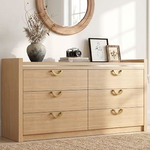 Gyfimoie 6 Drawer Dresser for Bedroom, 47.2" Wide Modern Chest of Drawers with Gold Curved Handles, Wooden Double Dresser TV Stand, Storage Organizer Cabinet for Closet,Living Room,Hallway