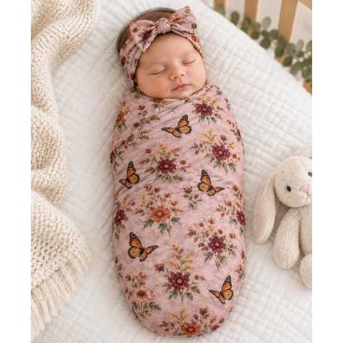 Autumn Floral Monarch Butterfly Baby Swaddle Set with Matching Bow | Fall Newborn Photography Prop