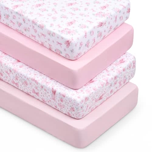 Fanfanwin 4 Pack Pink Bow Crib Sheets for Baby Girls, Floral Nursery Decor | 52 x 28 Inch, Fitted Washable Bedding Sheets for Newborn Toddler, Cover Sheet for Standard Crib Mattresses, Soft