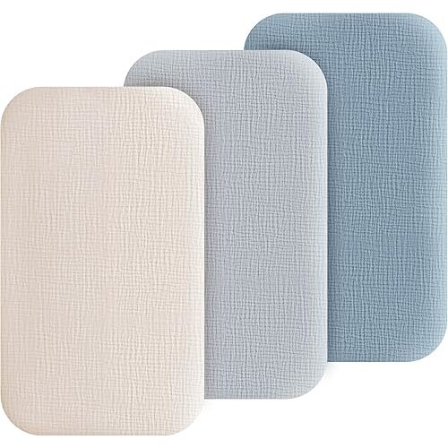 Coreeky Muslin Bedside Sleeper Bassinet Fitted Sheets, 3 Pack Cotton Baby Sheet for Boys & Girls, Soft, Compatible with Baby Delight, Dream On Me, AMKE and Other Rectangle Mattress (Blue)
