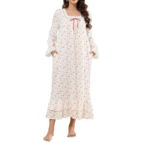 Women's Victorian Nightgown Soft Cotton Sleepwear Long Sleeve Princess Nightdress with Pockets