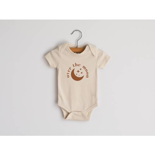 Over The Moon Organic Baby Bodysuit • Gender Neutral Modern New Baby Outfit • Unique Celestial Hand-Printed Bodysuit in Cream & Camel
