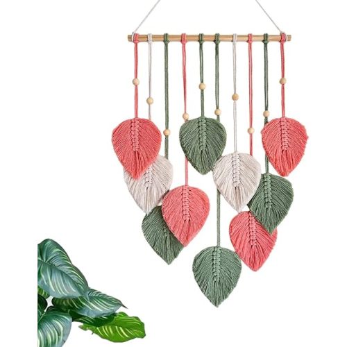 TUDRUKU Macrame Wall Hanging, Pink Leaf Boho Wall Decor, 15.7 x 36 in