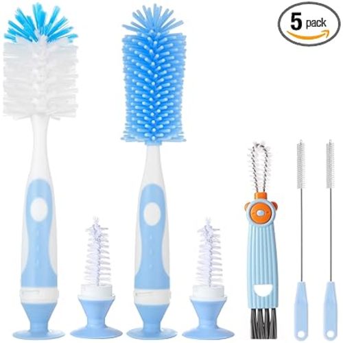 Ariseno 5-in-1 Baby Bottle Brush Set, Including Nylon and Silicone Bottle Brush, Bottle Cap, Straw and Nipple Cleaner, BPA-Free (Blue)