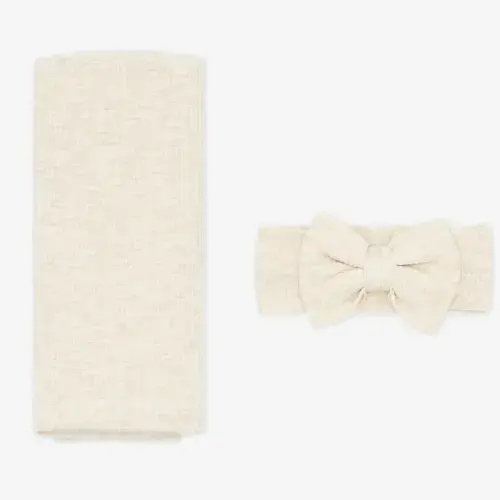 Heather Oatmeal Ribbed Swaddle & Luxe Bow Headband Set - Little Sleepies