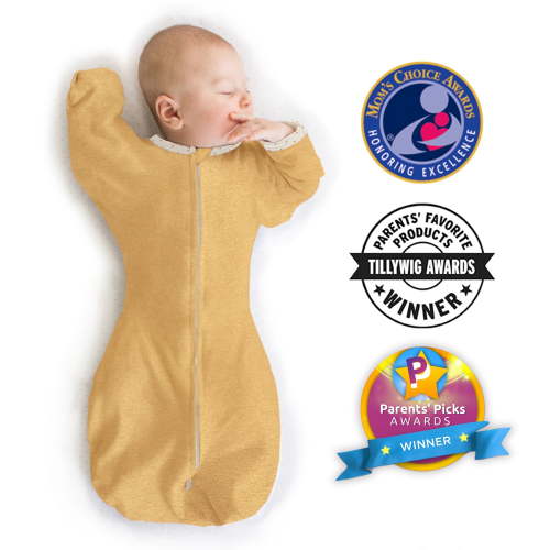 SwaddleDesigns Transitional Swaddle Sack, Arms Up Swaddle with Half-Length Sleeves & Mitten Cuffs, Easy Transition Swaddle Sleep Sack, Medium, 3-6 Months, 14-21 lb, Heathered Gold