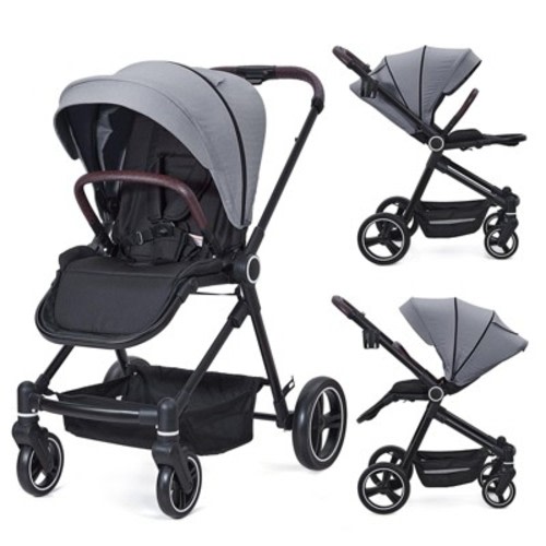 Foldable Baby Stroller,High Landscape Pushchair for Newborn, Toddler,with Reversible Backrest, Storage Basket, Adjustable Footrest & Canopy,Gray