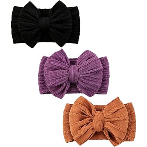 Baby Bows Headbands Soft Nylon Handmade Hair Accessories for Newborn Infant Toddler Kids (3 Black Purple Brown, Large)