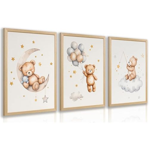 Clicyre Cute Teddy Bear Wall Art Set of 3, Sleeping Bear Balloon Moon and Star Canvas Prints, Neutral Boho Baby Room Wall Decor for Boy Girl Nursery Bedroom Playroom Wood Framed 16x24 Inch