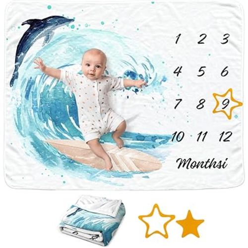 Surfing Baby Monthly Blanket for Boys, Sport Newborn Month Blanket, Soft Flannel Photography Background Prop, Personalized Shower Gift, Surfing