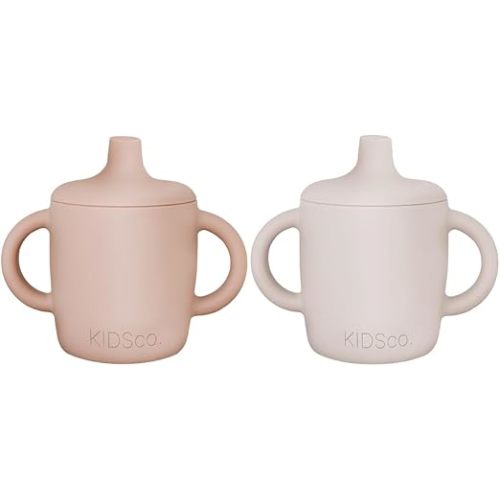 KIDSco. Silicone Sippy Cups (2 Pack) – Soft Spout & Open Training Cups for Babies 6+ Months | Easy Grip Handles, Unbreakable BPA-Free Silicone, Leak-Resistant, Dishwasher Safe (Pink and Sandy Shore)