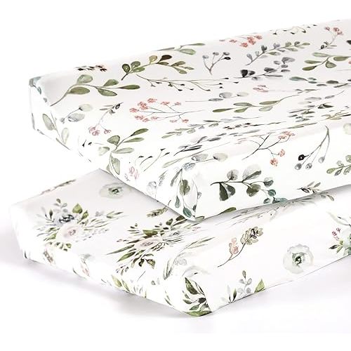 Stretch Ultra Soft Jersey Knit Changing Pad Cover Set 2 Pack, Change Table Pad Covers Fit 32"/34" x 16" Pads Safe and Snug, Stylish Watercolor Rose and Flora Pattern for Girls