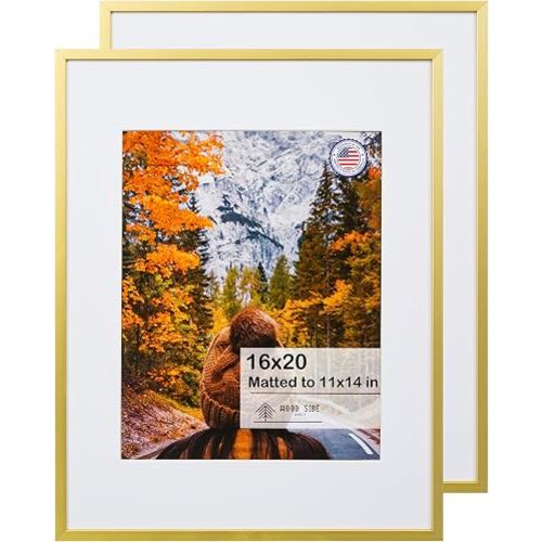 WOOD SIDE ORBIS 16x20 Gold Aluminum Metal Picture Frame with Mat 11x14, Tempered Glass Front - Wall Display Poster Photo Frames, 2 Pack