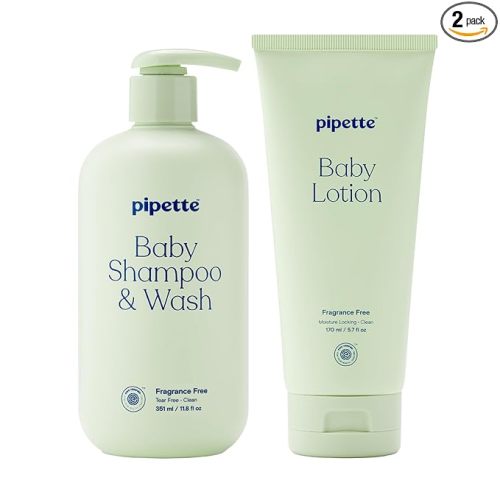 Pipette Fragrance Free Wash and Lotion Duo, Pack of 2, Fragrance Free Baby Shampoo and Body Wash, Unscented Lotion for Newborns, Sensitive Skin, and Kids, Tear-Free Bath Time, Hypoallergenic