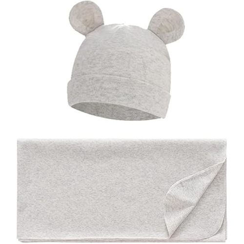 Unisex Baby Swaddle Blanket with Hat Set Newborn Swaddle Receiving Blankets Sleep Sack for 0-3 Months Boys Girls(Grey)