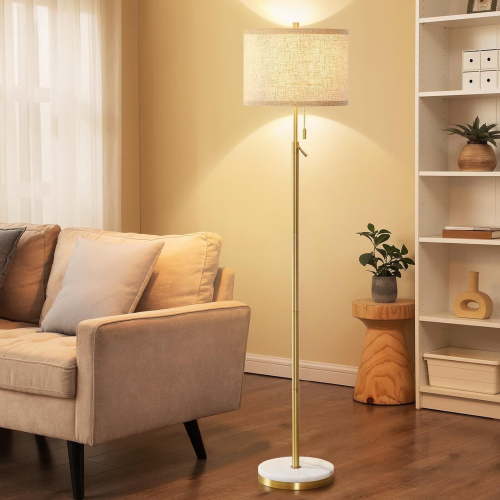 NATYSWAN Modern Floor Lamp for Living Room Adjustable Height with Marble Base and Beige Fabric Shade Gold