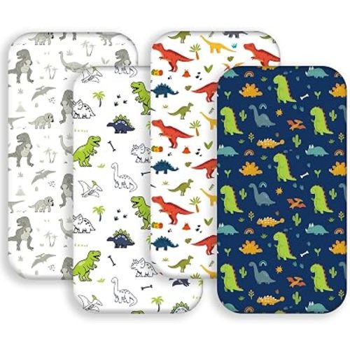 4 Pack Dinosaur Baby Sheets Neutral Unisex Fitted Dino Nursery Baby Sheet Set Toddler Mattress Sheets for Boys (Bassinet Sheets)